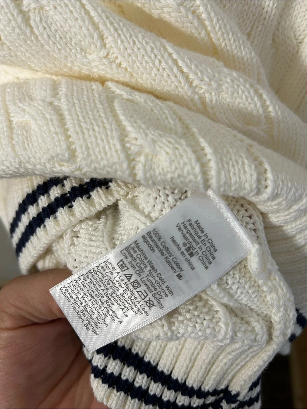 J. CREW Heritage cotton tipped cable-knit sweater Ivory Navy Stripe XL